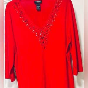 Avenue Stretch Red V-Neck Embellished Women's Top Excellent Used Condition 👌🏻